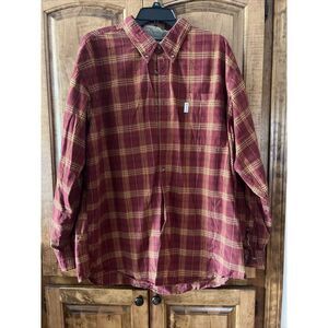 Columbia Mens Sz XXL Plaid‎ Long Sleeve Cotton Button Up Shirt Burgundy/orange